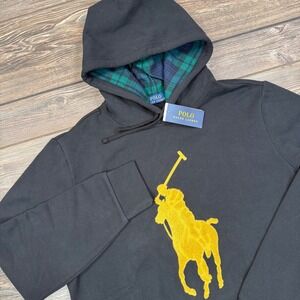 Polo Ralph Lauren RL Fleece Big Pony Hoodie Black Gold Size Large Sweatshirt NEW